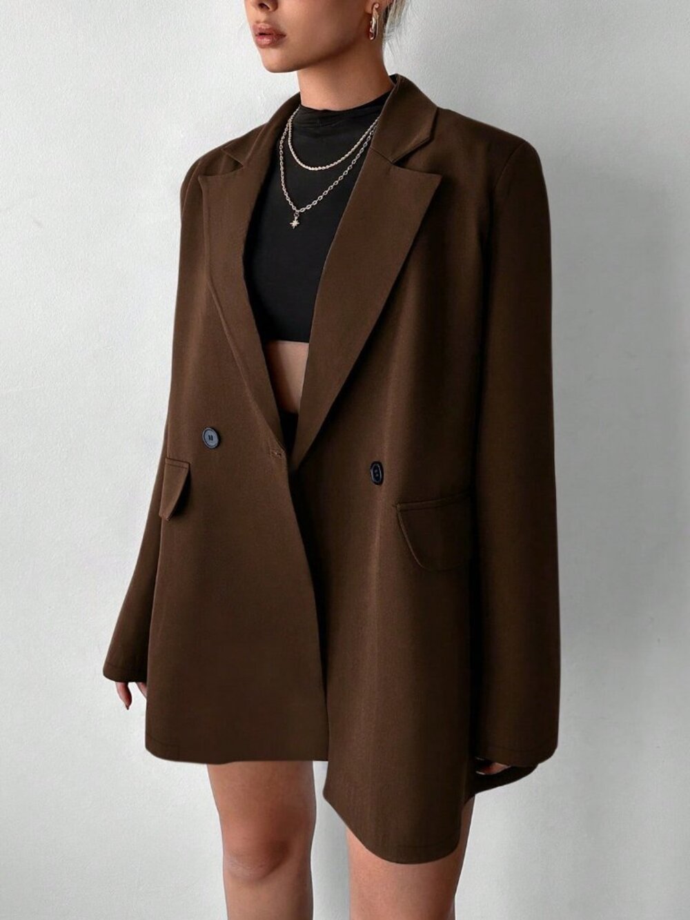 Brown Casual Women's Oversized Padded Shoulder Blazer Jacket - Picture 5 of 5
